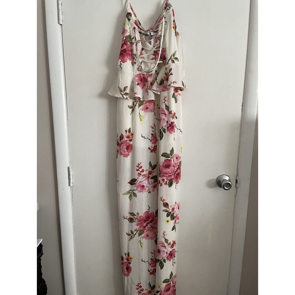 A. Calen by flying tomato Floral Jumpsuit White Pink Green Sleeveless Size L